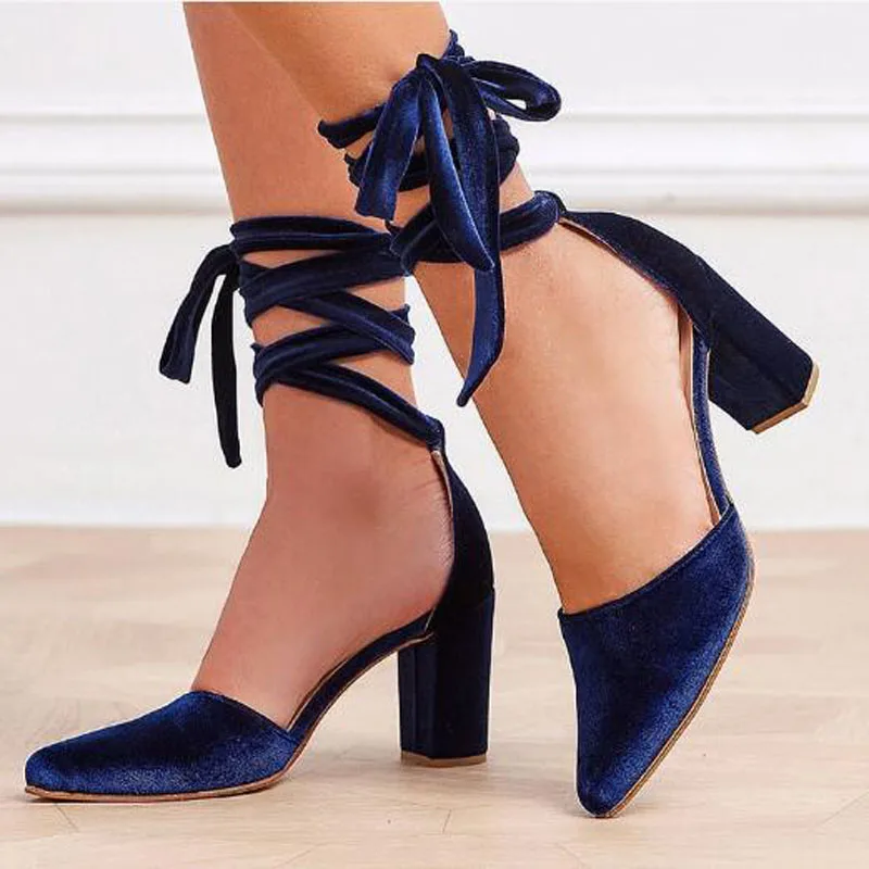 Summer Women Dark Blue Velvet Pointed Toe Shallow Hollow Cross Tied Lace Up Cover Heel Square Heels Sandals Boots Pumps Shoes