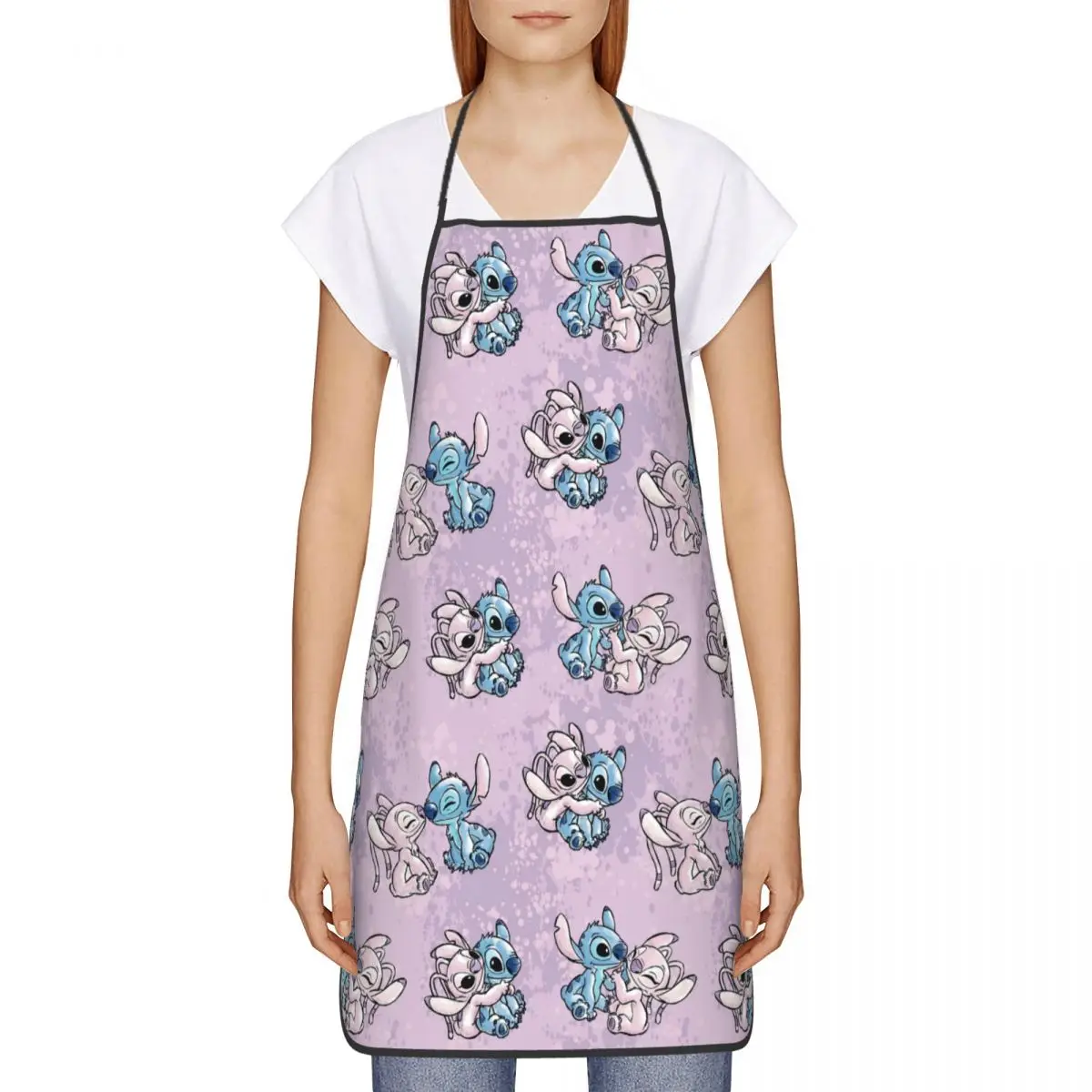 Custom Watercolor Lilo Stitch Angel Apron for Women Men Unisex Bib Animated Kitchen Cooking Tablier Cuisine Chef Baking