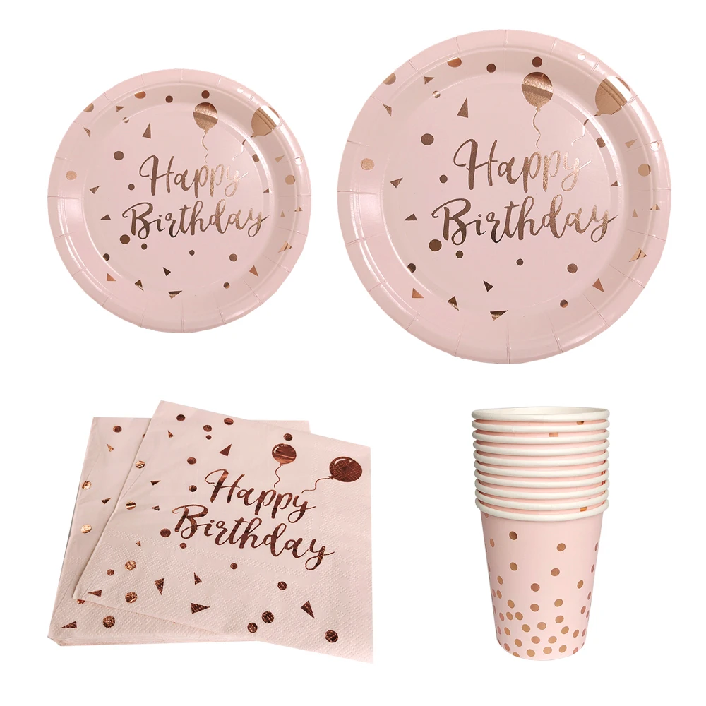 Birthday Pink Gold Dot Balloon Disposable Tableware Set Paper Plates Cups Napkins Tablecloth for Kids Party Decor Baby Shower