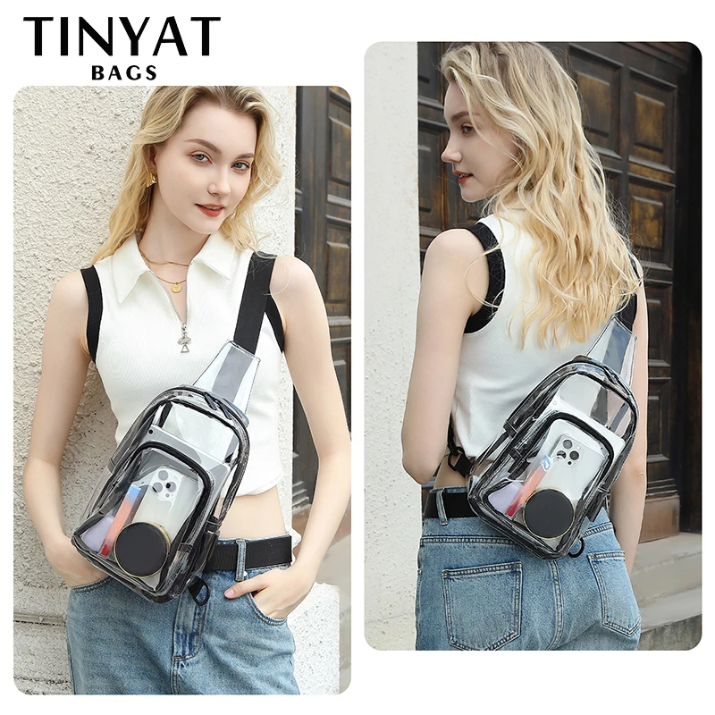 

TINYAT 2024 Trendy Clear PVC Crossbody Sling Bag for Women with USB and Type-C Transparent Chest Bag for Summer Races Concert