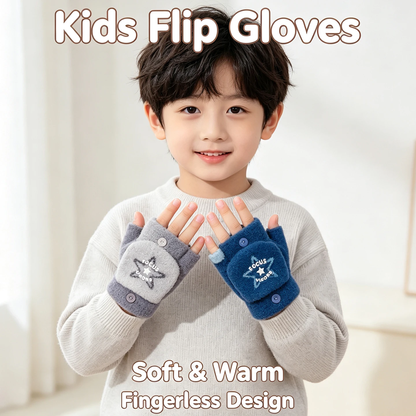 2-in-1-Winterhandschuhe für Kinder mit aufklappbarem Überzug, weiche, flauschige Handschuhe aus Kunstfellimitat, gestrickte Fäustlinge mit Stern- und Streifenmuster, halb- und volle Fingerhandschuhe für Jungen und Mädchen. – Detail 3