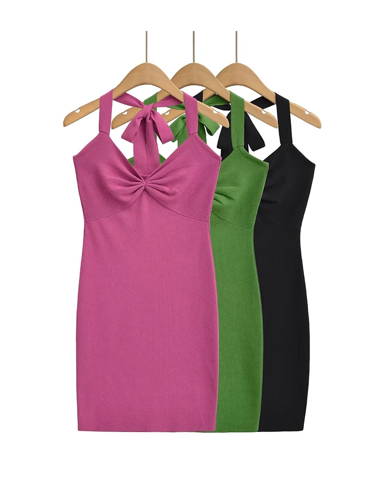 Summer V-neck Folds Halter Dress Women Knitted Sleeveless Elastic Slim Mini Dresses