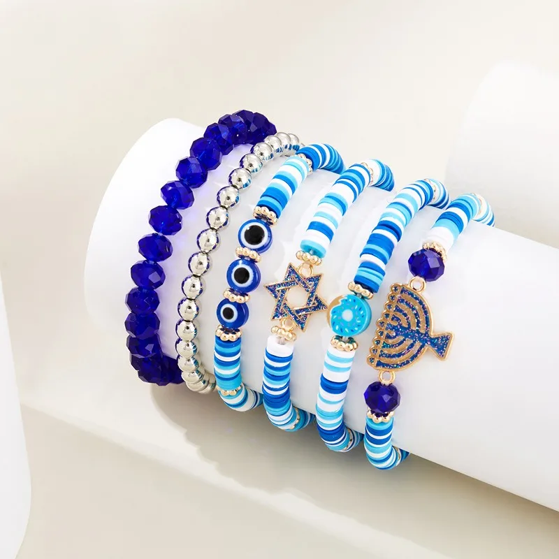 Hanukkah Blue White Beaded Bracelet Menorah Star of David Polymer Clay Crystal Bracelet
