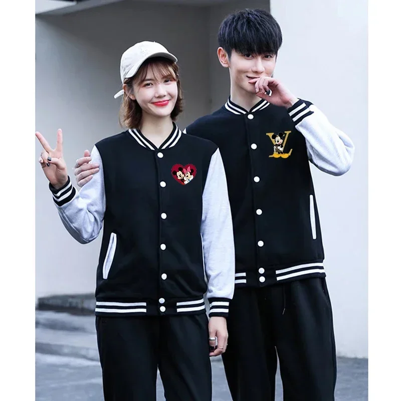 Disney Mickey Fleece Casual Baseball Uniform Cotton Spliced Sleeve Couple Clothing Bomber Jacket Women Sport Coat Streetswear