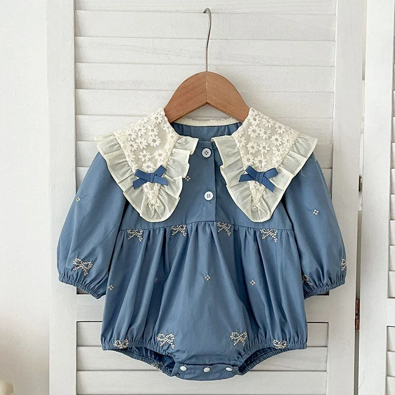 Newborn Baby Girl Romper Lace Bow Ribbon Ruffle Jumpsuit Long Sleeve Infant Toddler Floral Onesie Spring Embroidery Baby Clothes