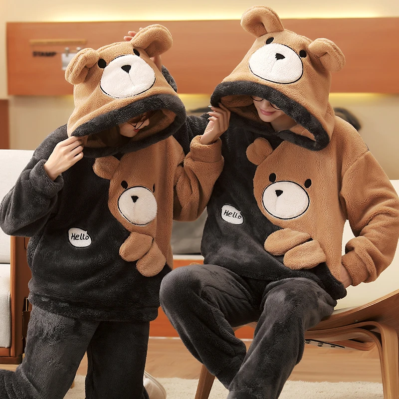 Winter Couple Pajamas Set Women Men Sleepwear Thicken Pajama Cartoon Bear Soft Warm Lovers Adult Homewear Hoodies Pyjamas Suit