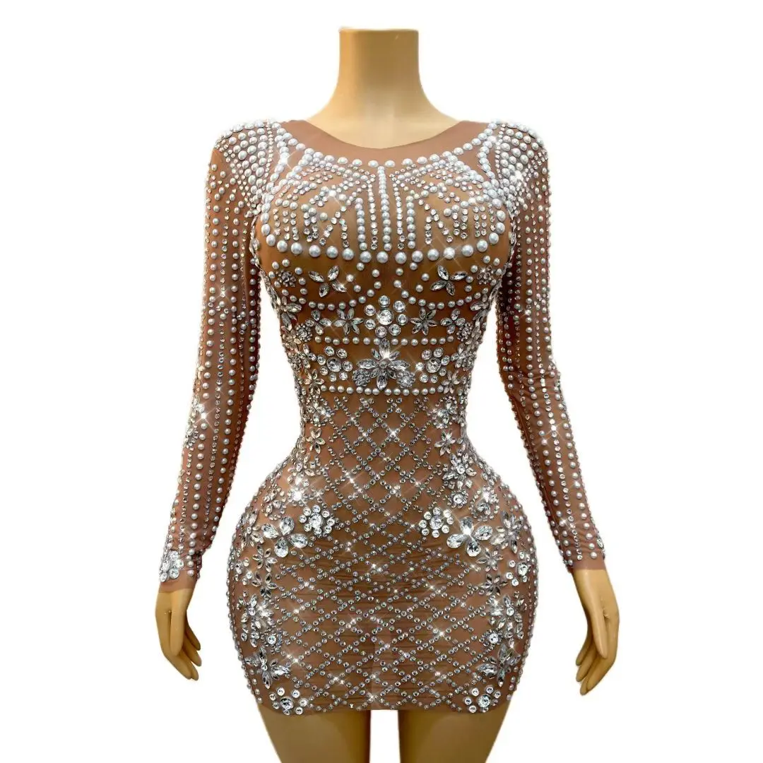 

Wanggezhenzhu Womens Luxury Pearl And Rhinestone Sheer Mesh Long Sleeve Bodycon Mini Dress Formal Evening Party Prom Gown