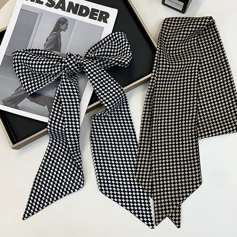 Premium Black White Grid Long Skinny Scarf Korean Style Summer Suit Tie Hair Band Ribbon Wrap Chiffon Lightweight Breathable