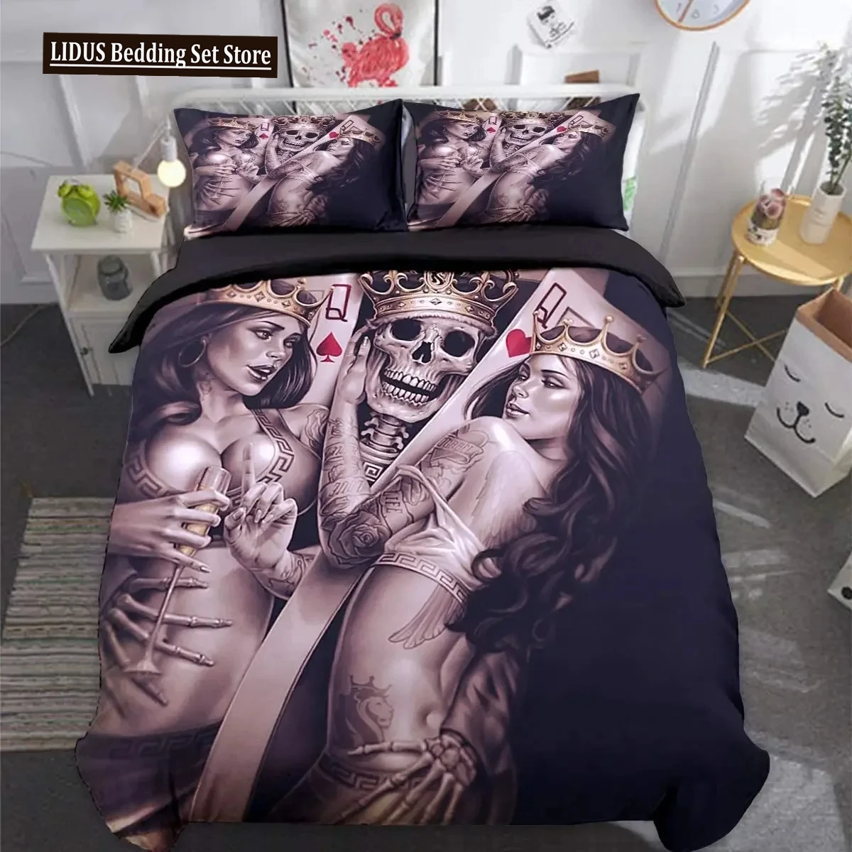 

Skull Duvet Cover Golden Crown Bedding Set,3D Printed Halloween Skull With Two Beauty Quilt Cover Set,Crown Comforter Cover