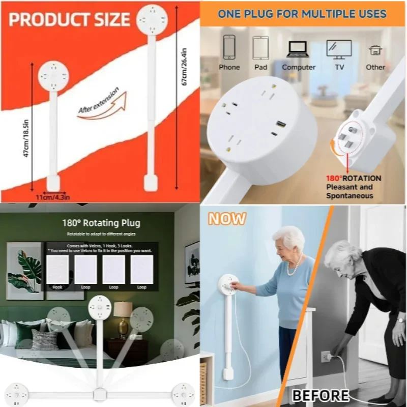 Electrical Wall Plug Extender Stick Rotates 180° Power Socket Expander For Hard To Reach Places Usb-a,usb-c,2 Ac Outlet For Home