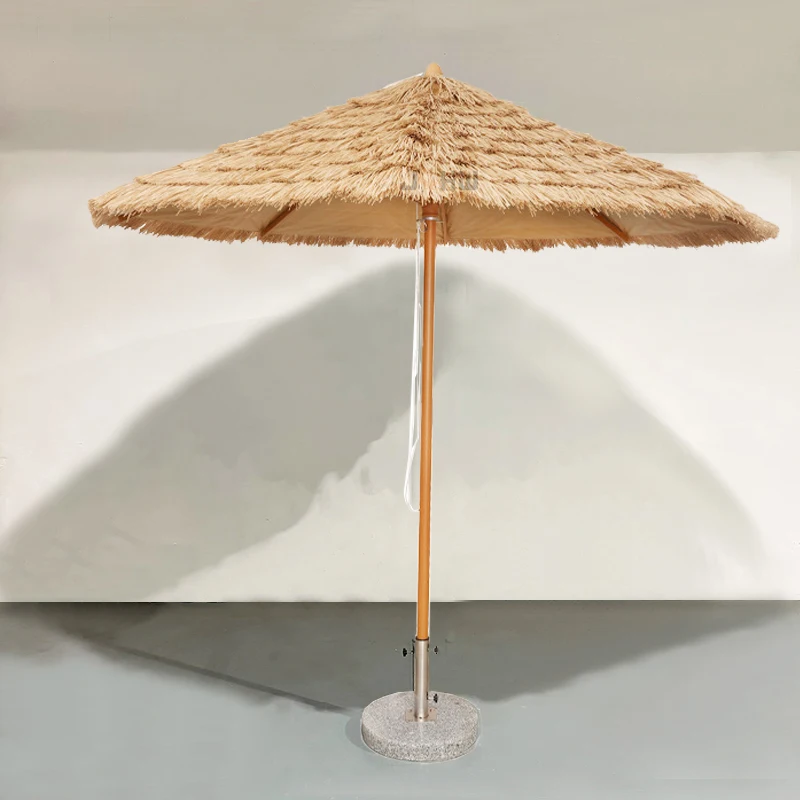 Factory Customizable Simulation PP Straw Aluminum Beach Patio Outdoor Umbrella Parasols Rainproof Commercial Garden Umbrella