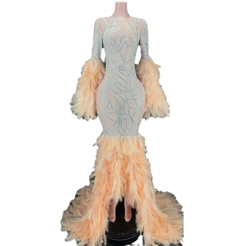 

Shiny Diamonds Orange Feathers Elegant Evening Gown Vestidos De Bienvenida Abiti Matrimonio Donna Elegante Performance Outfits