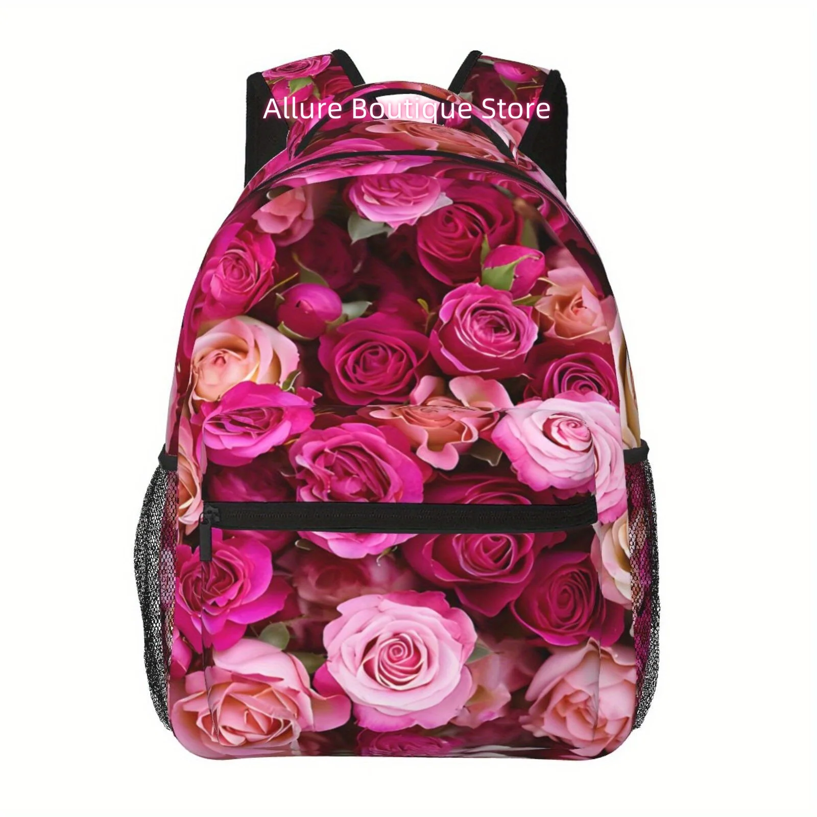 1pc Rose Theme Semi-Full Printed Large Capacity Backpack, Lightweight Durable Polyester Fiber Leisure Backpack, Laptop Bag, Zipp