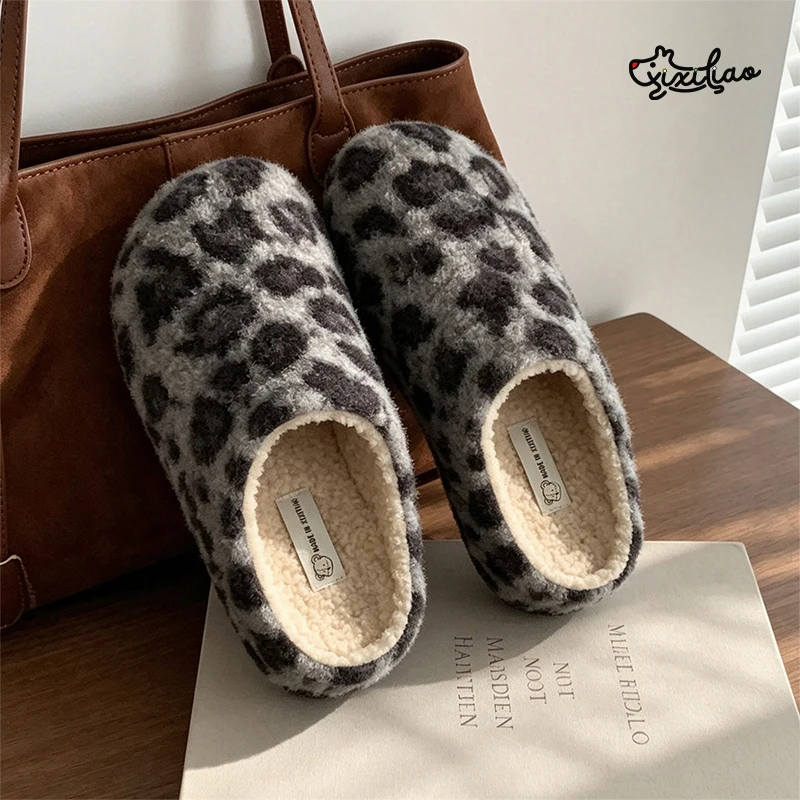 XIXITIAO Winter Women Home Slippers Fashion Leopard Print Fluffy Slippers Antislip Indoor Arch Support Shoes Mules Fuzzy Slides