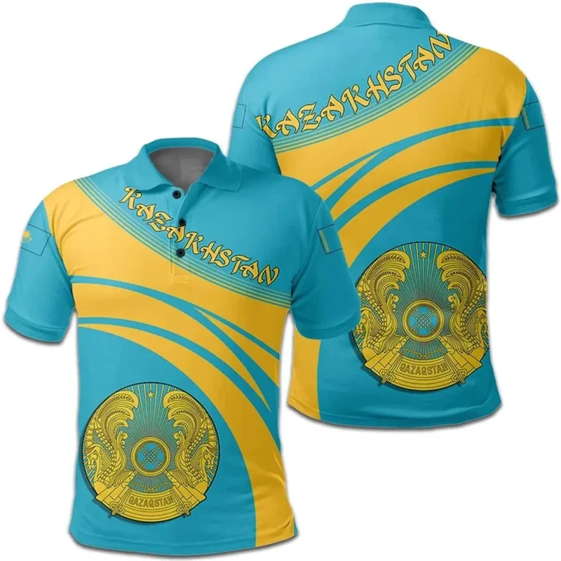 The Republic-of Kazakhstan Map Flag 3D Printing Polo Shirt Kazakhstan Coat Of Arms Graphic Polo T Shirt Men Fashion Polo Shirts