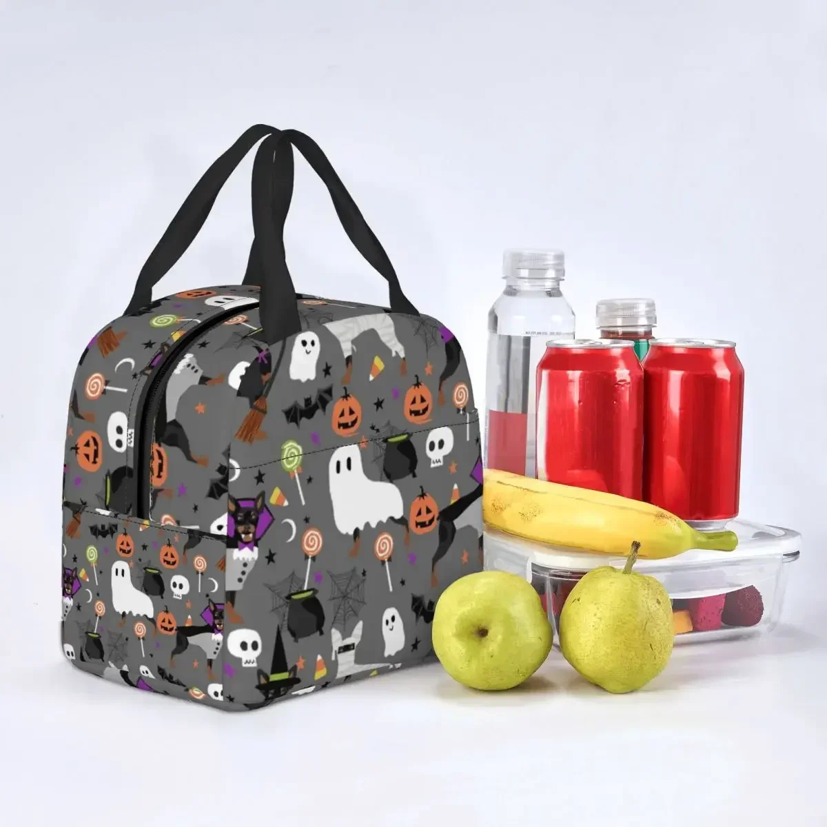 

Miniature Doberman Pinscher Halloween Dog Lunch Bag Waterproof Insulated Cooler Bag Thermal Cold Food Picnic Tote for Women Kids