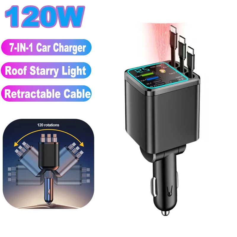NEW 7 In 1 120W Car Charger PD Type C Quick Charging Digital Voltmeter with 3 Retractable Cables For IOS Android Phones