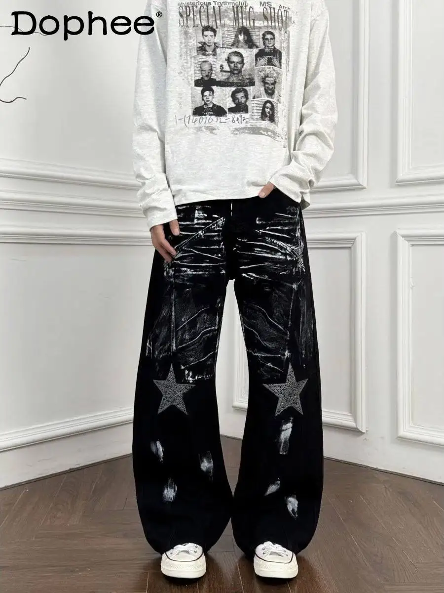 

American Style Black Y2K Subculture Star Flared Men's Jeans Autumn Winter Design Fashion Trend High Waist Slimming Long Pants