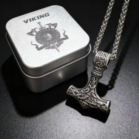 HNSP 노르딕 오딘 바이킹 미올니르 스테인리스 스틸 펜던트 목걸이 남성용 빈티지 룬문 토르 해머 주얼리 액세서리