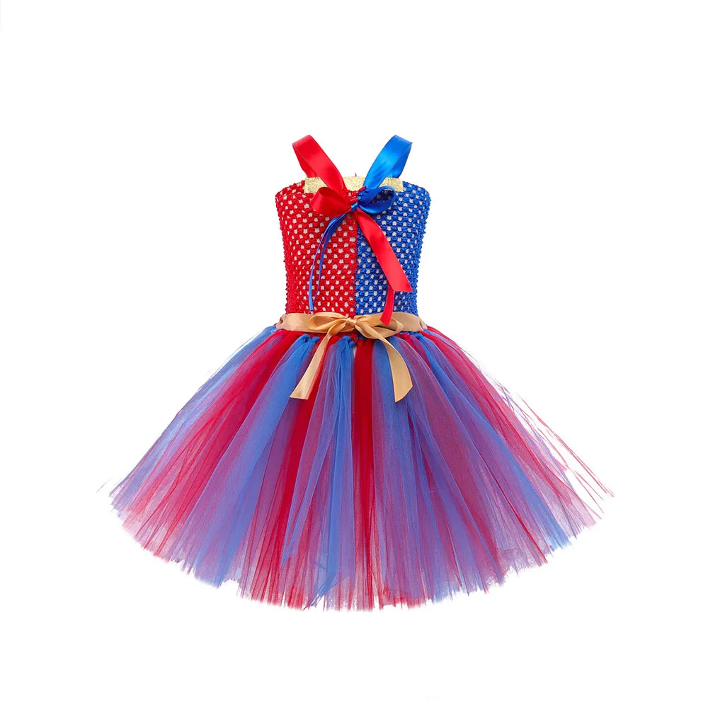 Girls Clown Tutu Princess Dress Colorful Shimmer Fancy Halloween Party Breathable Mesh Clothes Themed Role Play Performance Set