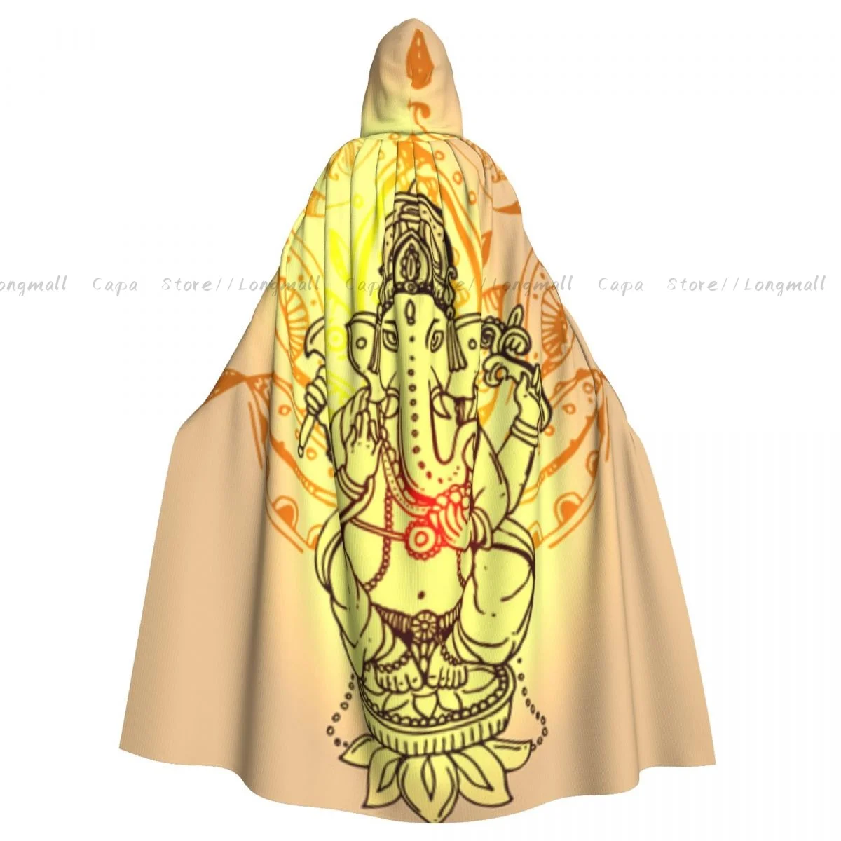 Adult Halloween Ganesha Print Cloak Cape Hooded Medieval Costume Full Length Dress Coat