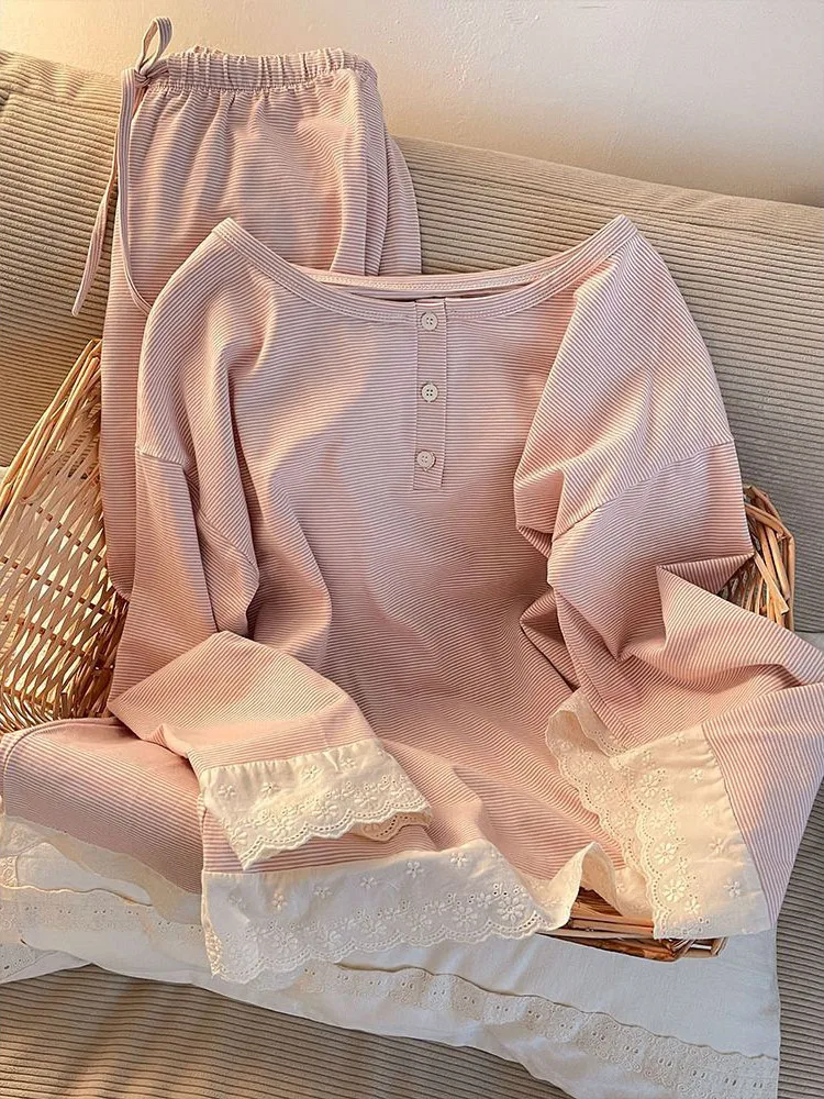 Plus Size 300-Pou Zoete Kanten Rand Roze Lange Sve Spwear Dames Lente Herfst Nieuwe Gestreepte Lange Broek Thuis kleding