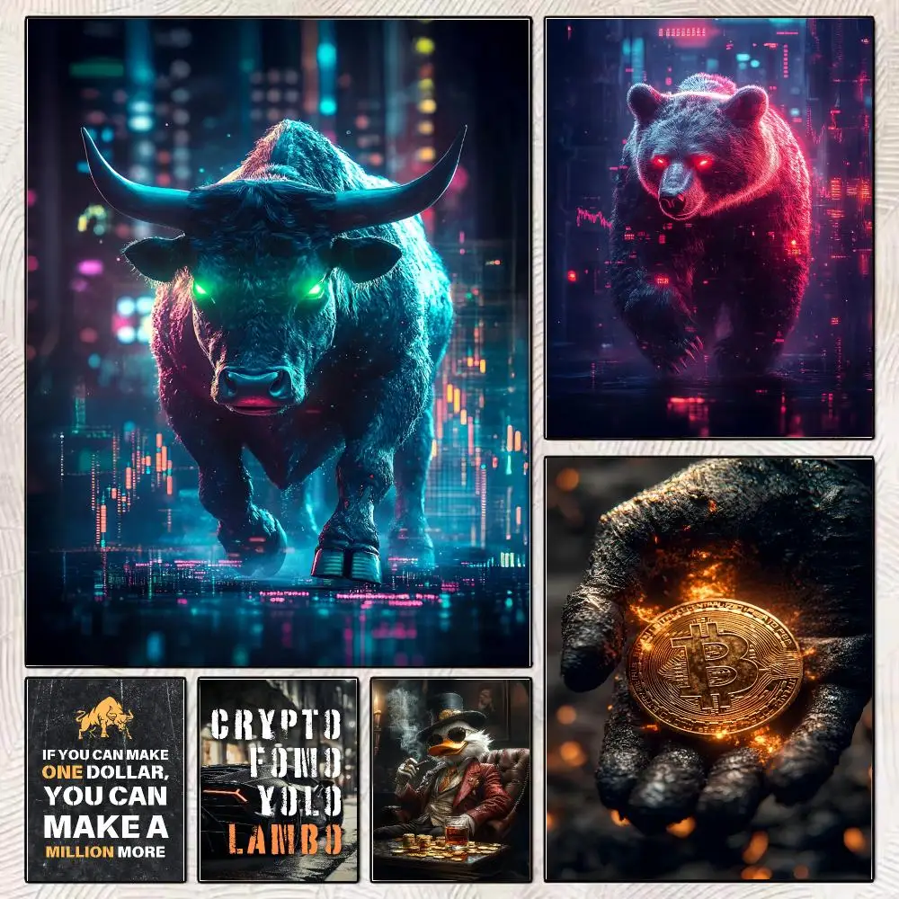 Gentleman Duck Smoking Trading Bear Bull Crypto Stock Market Bitcoin Poster Canvas Wall Art Print for Living Room Home Decor