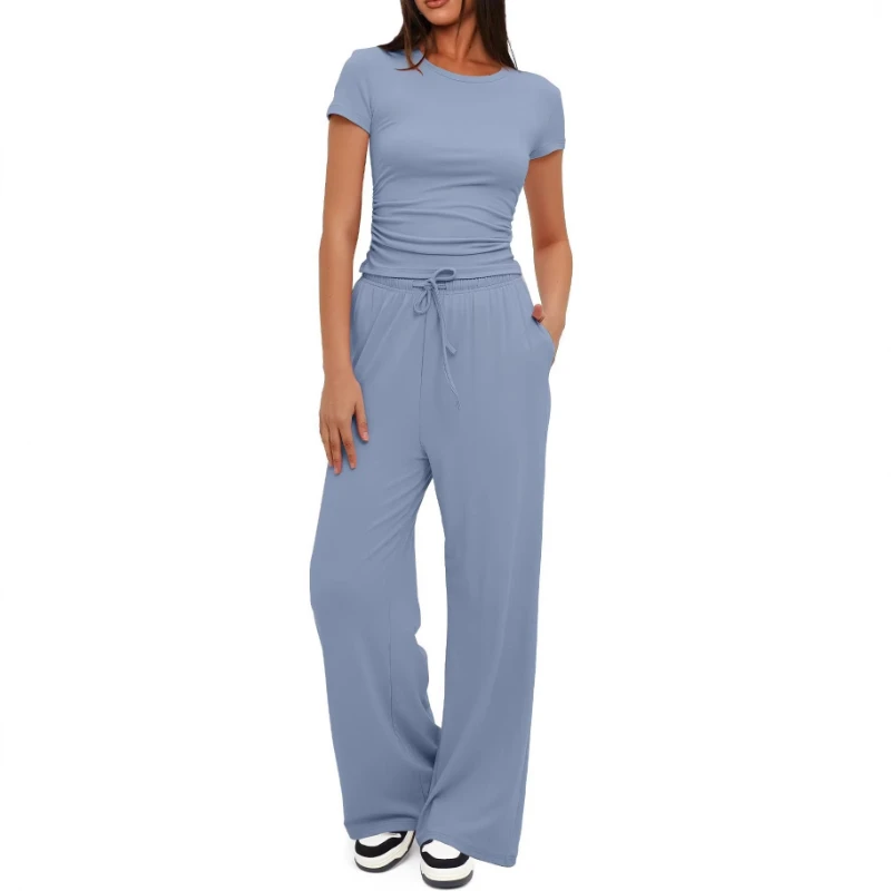 European and American Women Solid Color Casual Suit with Pleats High Waist and Wide Leg Pants Sportswear Outerwear Home Wear
