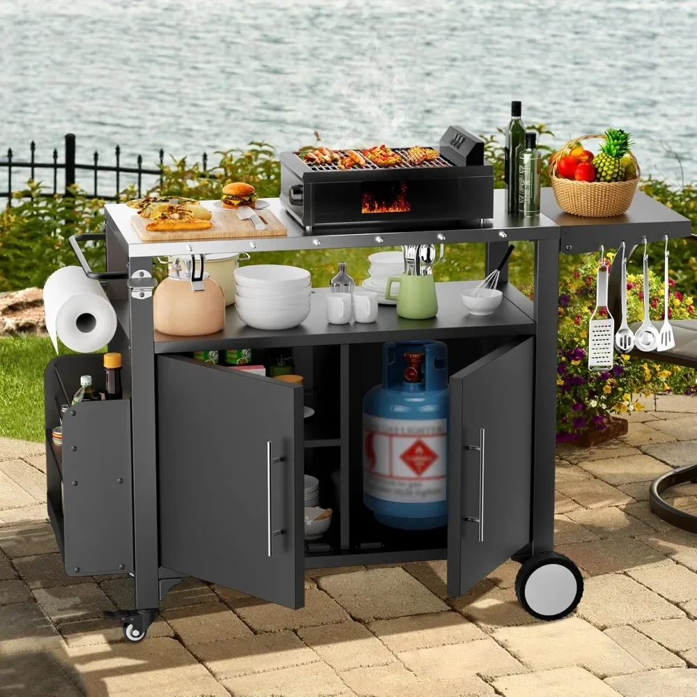 

Outdoor Grill Cart with Storage,Patio Kitchen Island with WheelsHooks and Spice Rack,Waterproof Outdoor Grill Table,