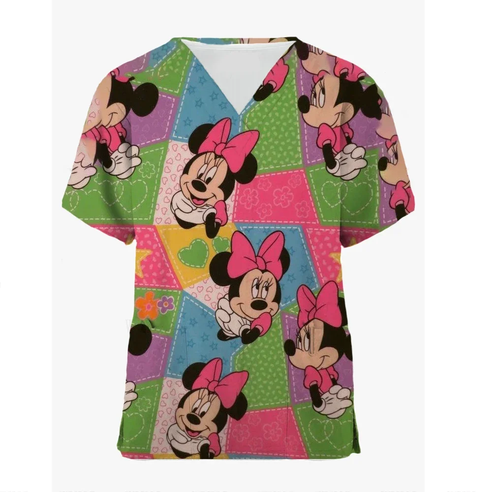 

T-shirt V Neck Top Women 2024 Disney Shirts Pocket Woman Clothes Hospital T-shirts Minnie Mouse Tops Mickey Nurse Uniform Tees