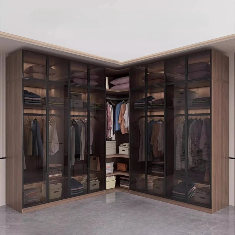 Armoire d'angle de luxe en verre, double penderie et placard, meuble de rangement pour vêtements, mobilier de maison