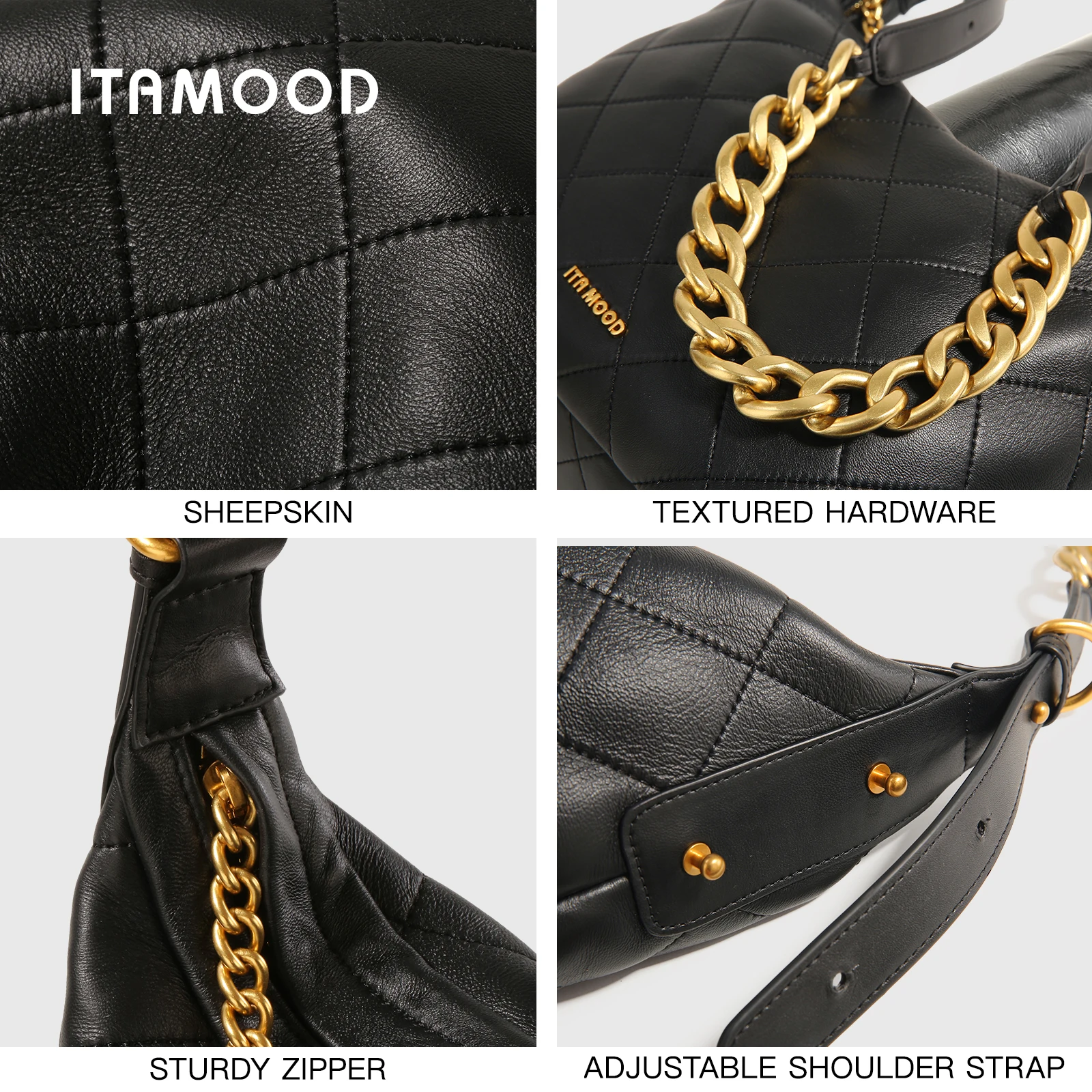 ITAMOOD Genuine Leather Shoulder Bag Luxury Branded and Quilted Tote Bag With Gold Color Chain Strap Large Capacity Handbag