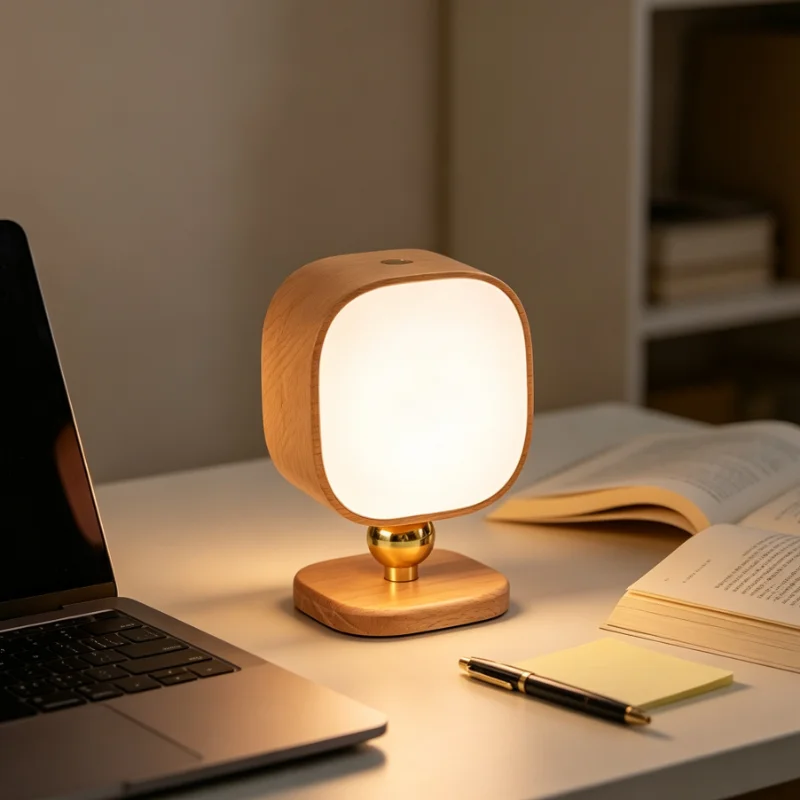 Wooden Night Light Square LED Lamp with Gold Accent Base USB Rechargeable Touch Sensor for Bedroom Bedside Study Decor