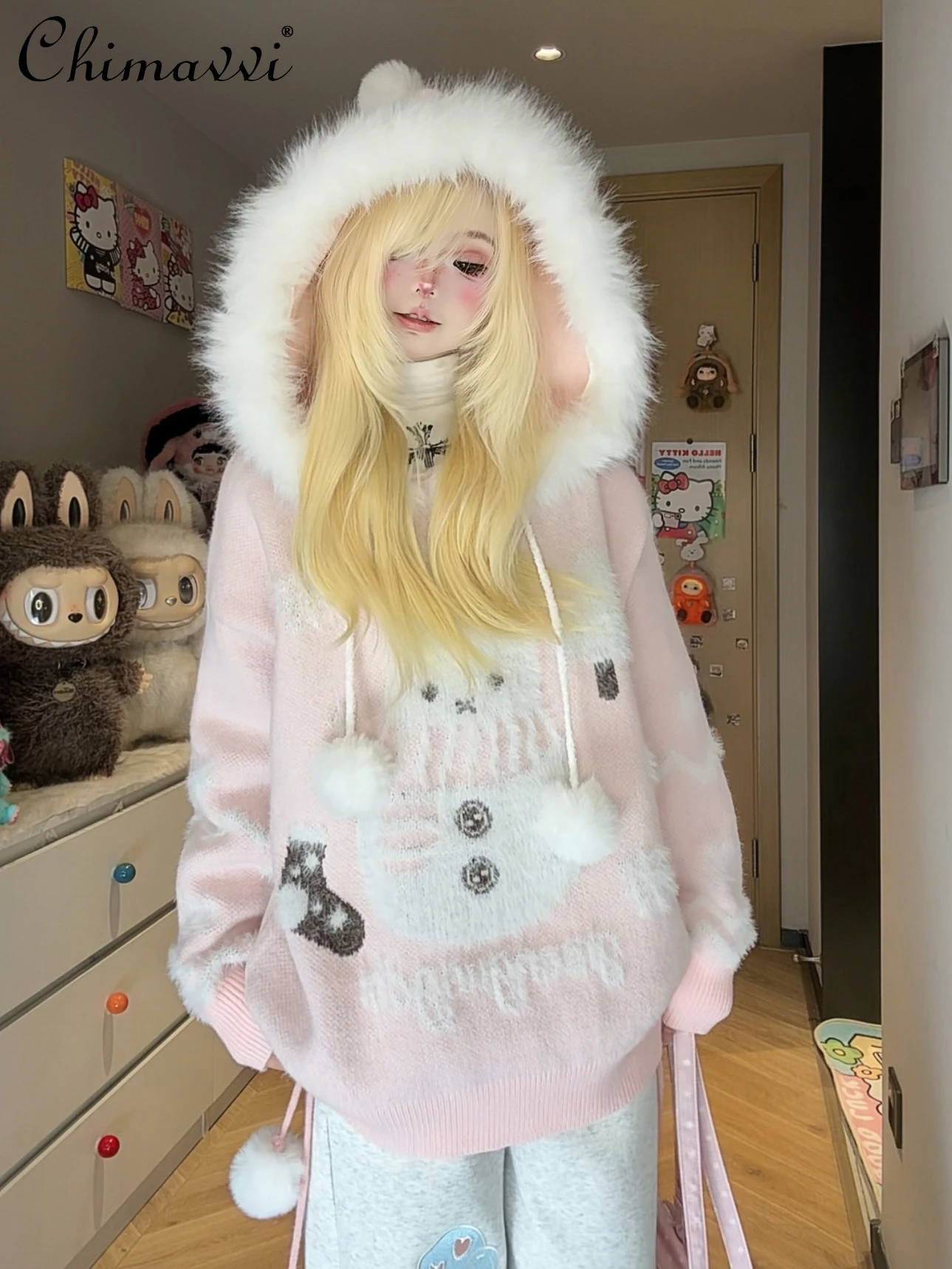 

Осень и зима, новый милый милый пушистый свитер со снеговиком и капюшоном, женский модный свободный универсальный кавайный теплый вязаный топ Y2k