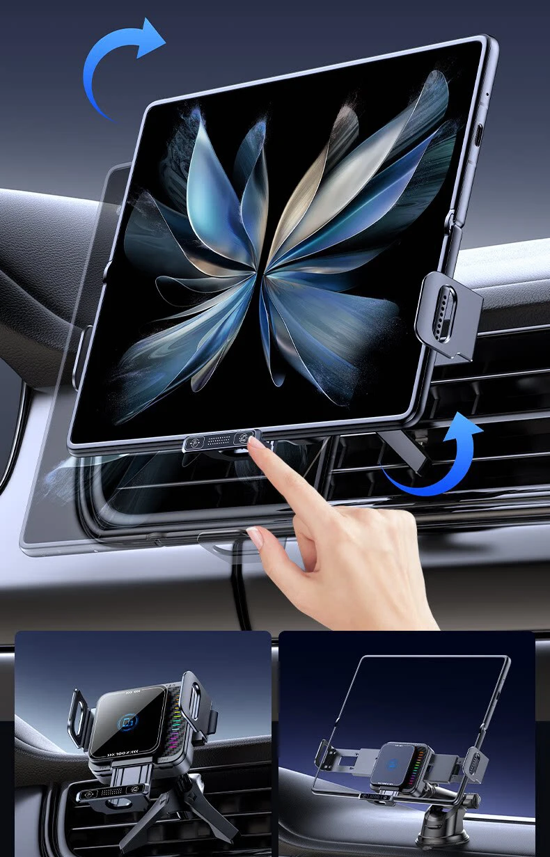 Mini Faltbarer Handy-Autohalter mit Kabelloser Ladestation und Doppelbildschirm, 90-Grad-Drehung, Automatische Querstellung für Fahrzeuge – Detail 10