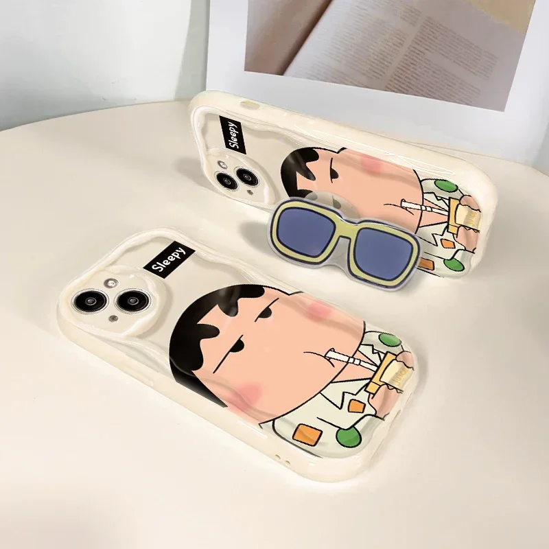 C-Crayon S-ShinChan Glasses Support Case for iPhone 15 14 11 Pro Max 13 12 Mini XR XS X 8 7 6 6S Plus SE 2020 Shockproof Cover