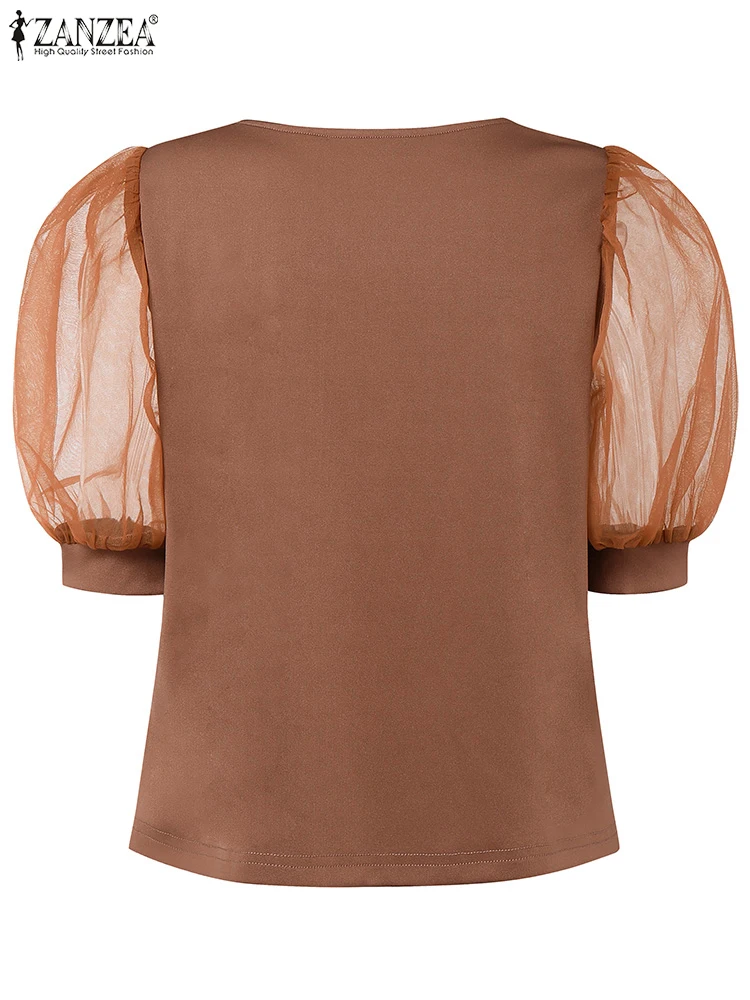 حجم كبير 5XL ZANZEA أنيقة مكتب سيدة قمصان النساء شبكة المرقعة بلوزة مثير ساحة طوق الصلبة عادية تونك بلوزات على الموضة