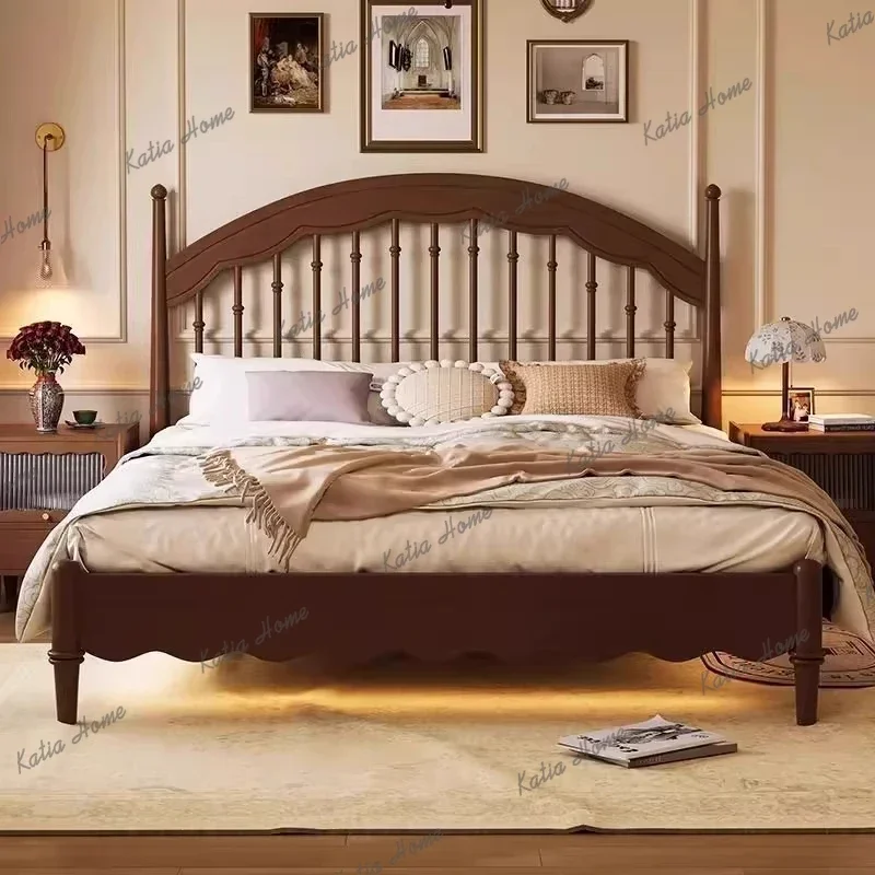 LJY Medieval Windsor Bed Vintage American Style 3DWave Carving Craftsmanship Double Bed Solid Wood Furniture Bedroom Frame Struc