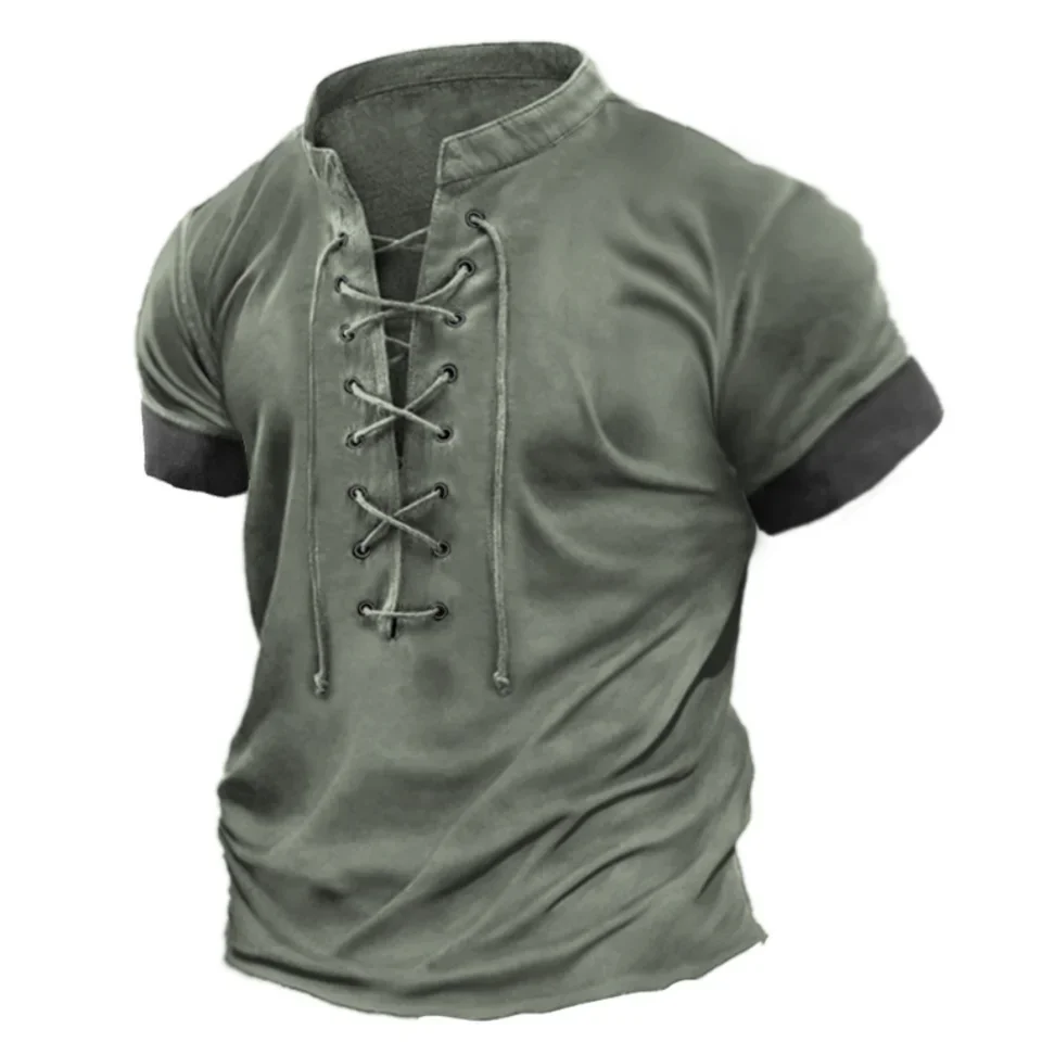 Large Size Men's T Shirts Retro Lace Up Casual Color Matching Short Sleeved Top Menwear 5XL