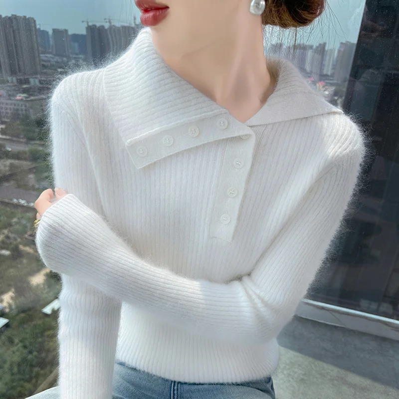 Herbst und Winter 25 neuer gestrickter Damen-Reverspullover aus 100 % Nerzkaschmir, schmale Passform, sexy Damen-Langarmpullover