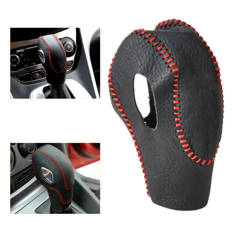 /Black /Leather /Gear Shift Knob Cover With Red Thread For Ford Escape Kuga Focus 3 Automatic Transmission Car Interior Accessor