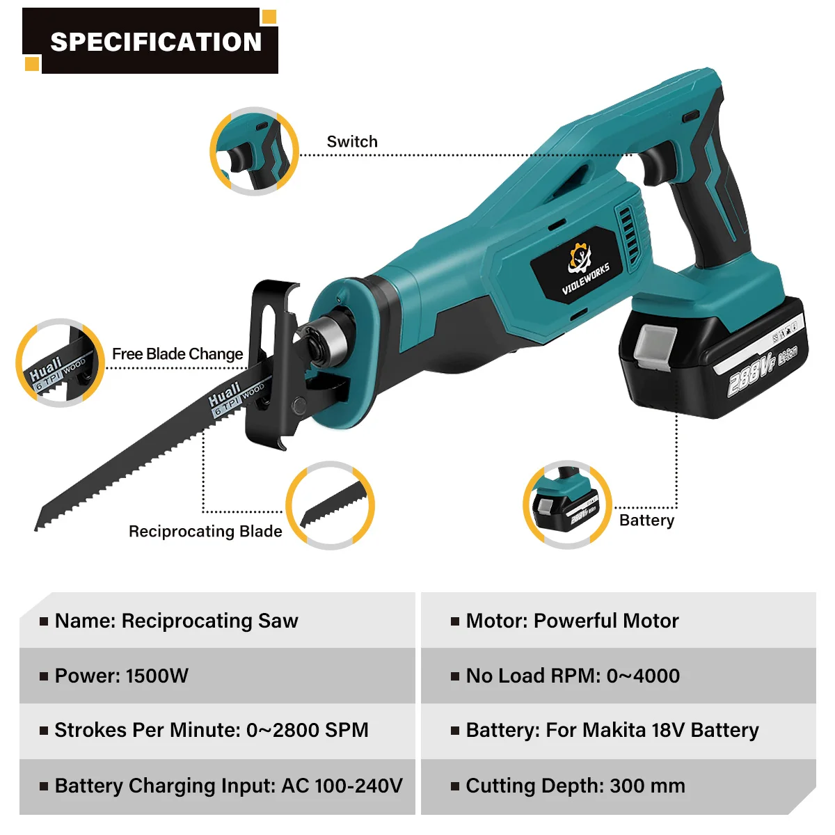 VIOLEWORKS Cordless Reciprocating Saw with 4pcs Blades Electric Saw Wood Metal Pipe Cutting Tool for Makita 18v Battery