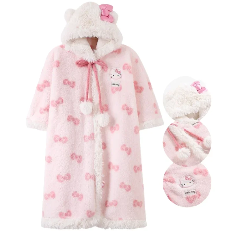 New Sanrio Hello Kitty cartoon girl heart plus velvet thickened pajamas creative kawaii warm home wear hooded cloak bathrobe