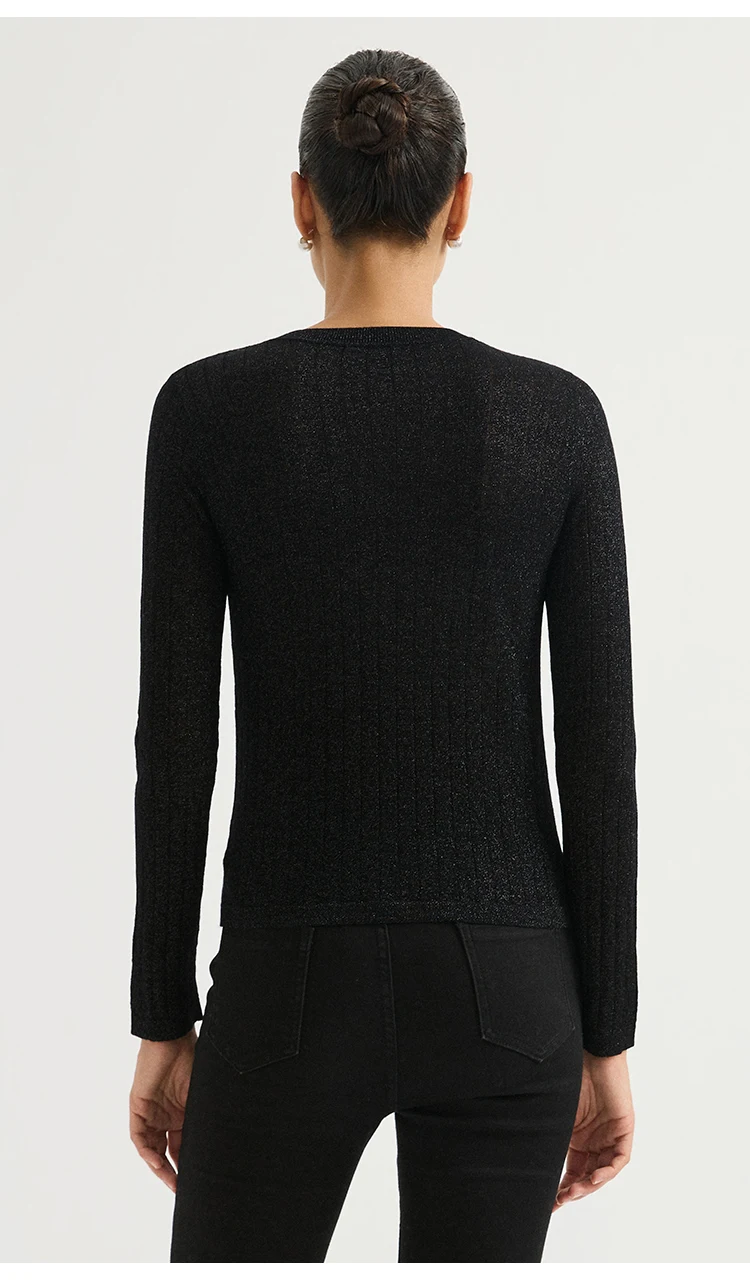 BL3621777 Damen-Cardigan mit Rundhalsausschnitt aus Wollmischung, Langarm, schmale Passform, Kontrastbesatz, Muschelknöpfe, Schulterkette, Frühherbst – Detail 6