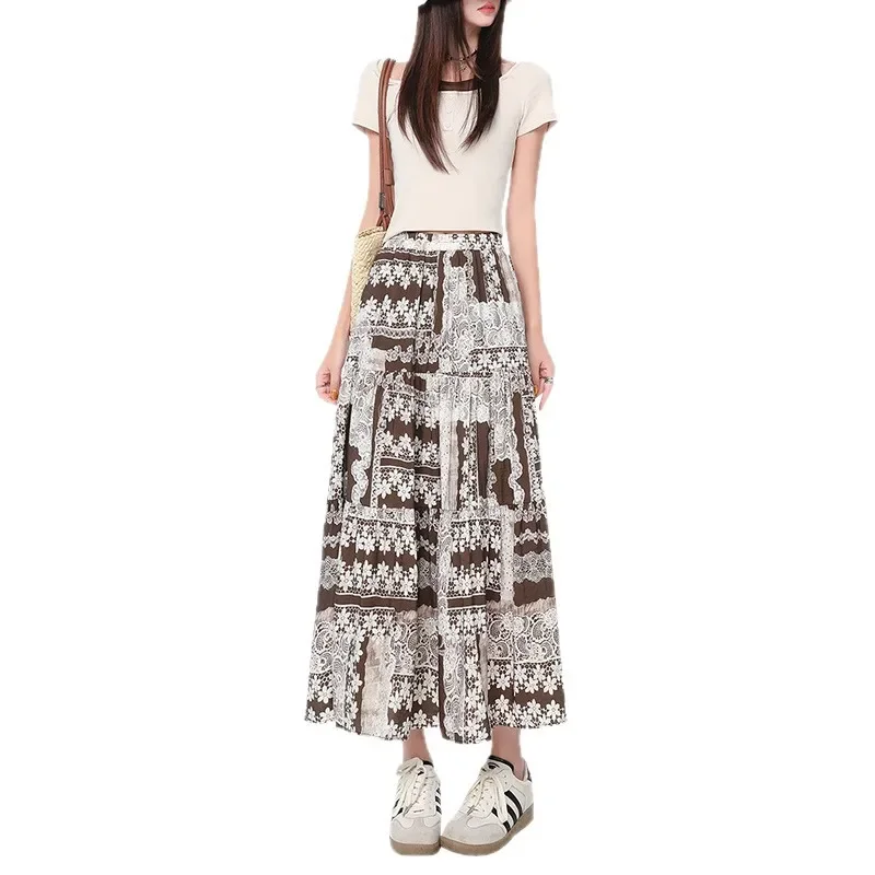 

Новая женская повседневная летняя юбка миди из вискозы и хлопка с принтом в богемном стиле, универсальная повседневная юбка-полусолнце с вставками