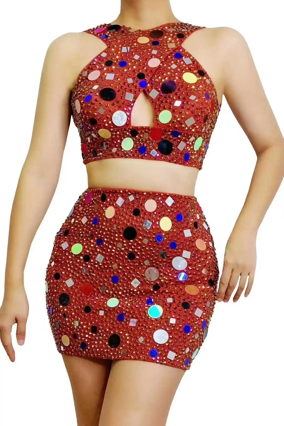 2 Pcs Set Women Outfits Sequin Stretch Singer Dancer Costumes