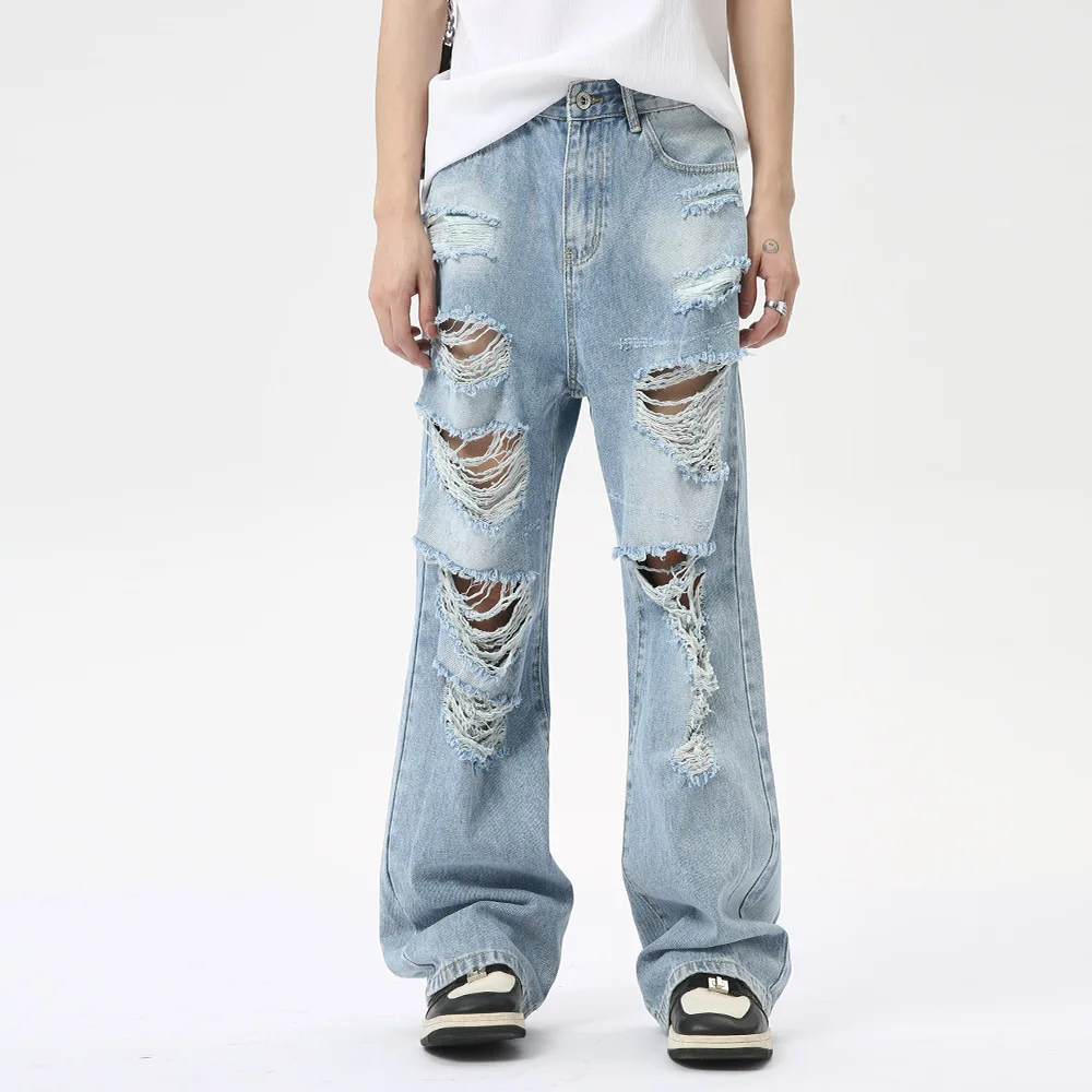 

SYUHGFA American Style Men's Denim Pants Casual Worn-out Design Big Pockets Jeans Loose Straight Male Trousers 2024 Autumn