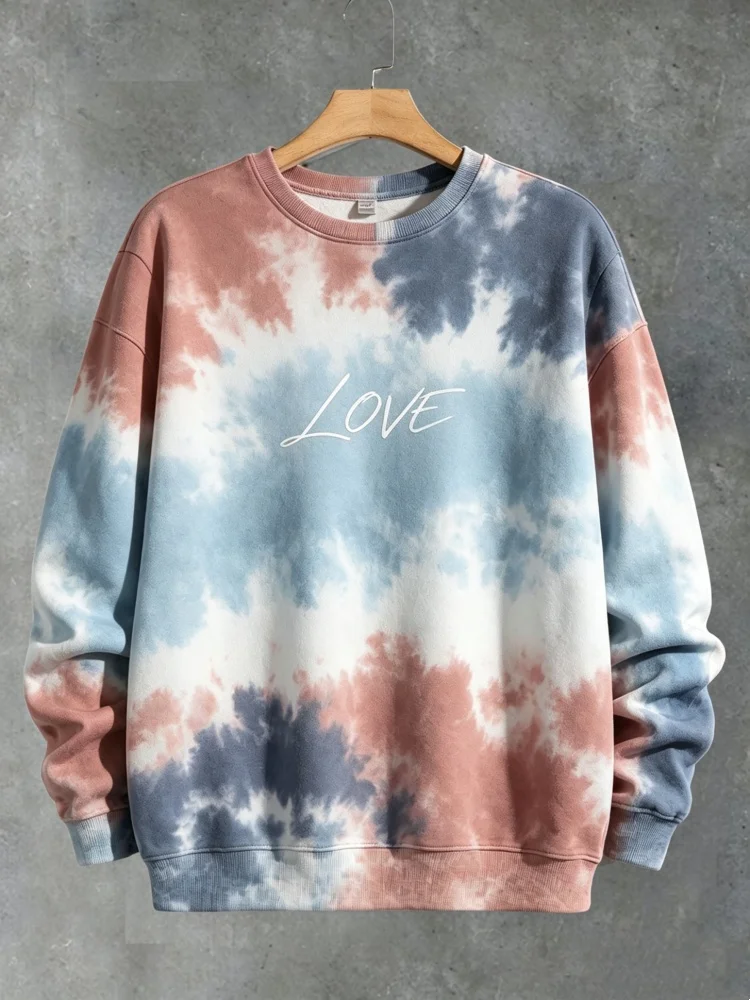 Men's Tie Dye Sweatshirt Love Letter Print Casual Crewneck Loose Fit Long Sleeve Pullover