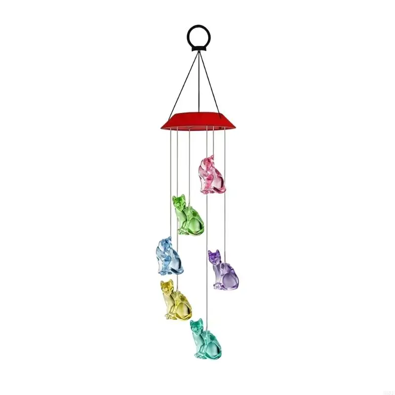 Wind Chimes Solar Hanging Light for Yard Garden Display, Kitten Charms and 6 LED Outdoor Porch Accent for Balcony Use 55KF