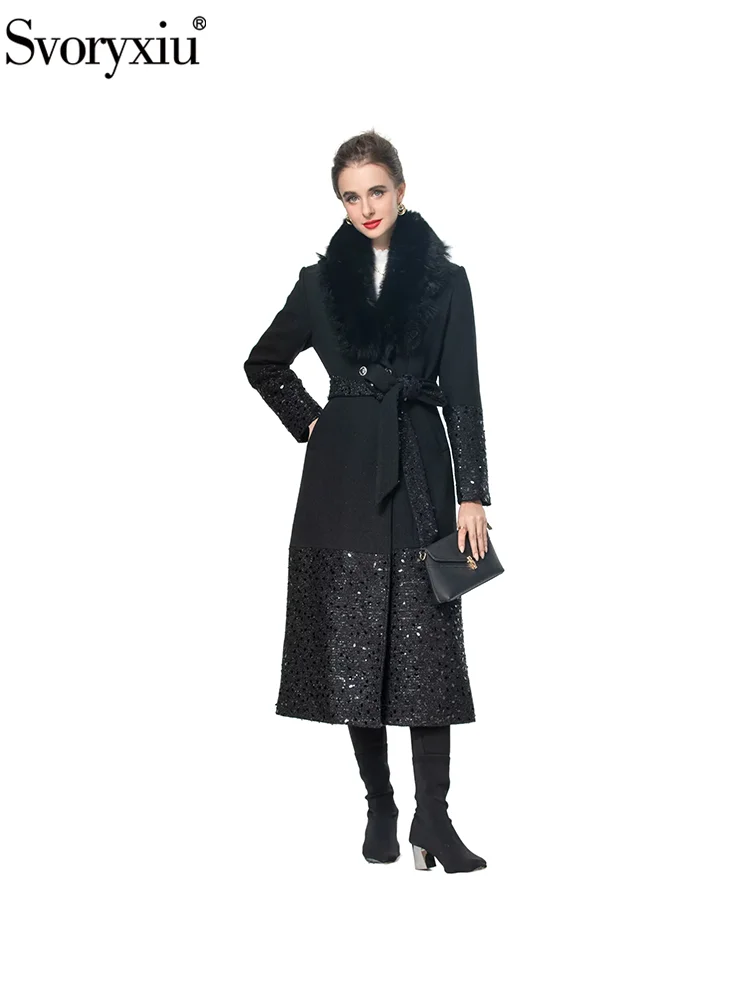 Svoryxiu Fashion Runway Winter Black Ankle-Length Overcoat Women's Fur Turn-down Collar Long Sleeve Belt Sequins Overcoat